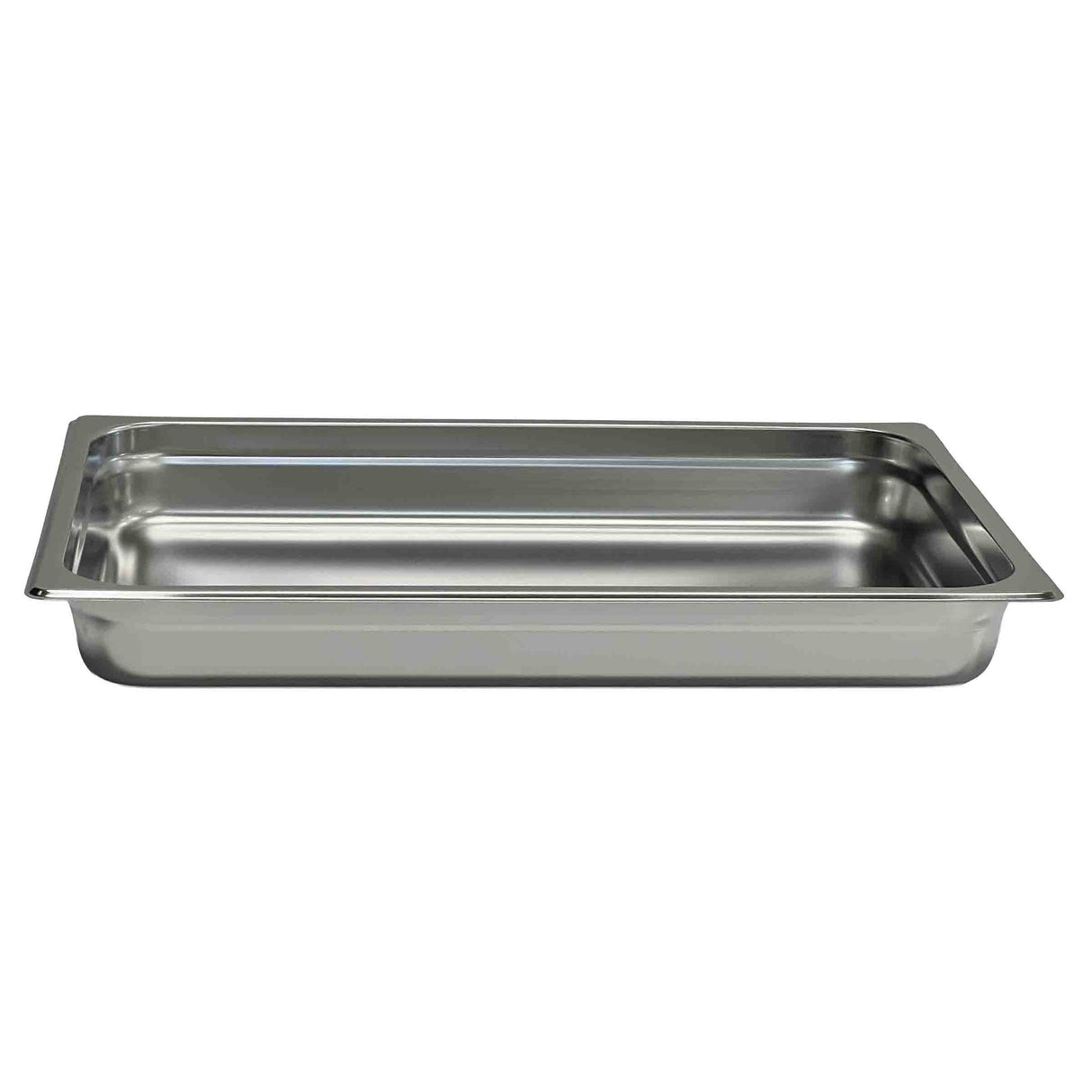 A rectangular, shallow full size Chafing Steam Pan with smooth sides and a flat rim, displayed against a plain white background. The shiny, reflective stainless steel surface is dishwasher safe—ideal for commercial kitchens or buffets.