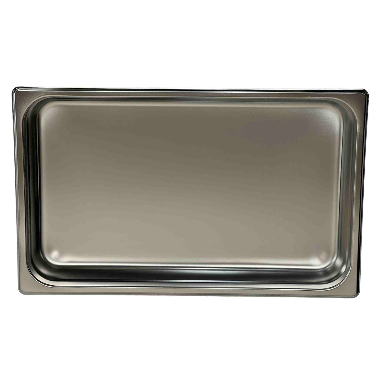 A full size, stainless steel Chafing Steam Pan with rounded corners and smooth edges. The empty pan features a reflective, shiny surface and is photographed from above against a plain white background. It is also dishwasher safe.