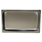 A full size, stainless steel Chafing Steam Pan with rounded corners and smooth edges. The empty pan features a reflective, shiny surface and is photographed from above against a plain white background. It is also dishwasher safe.