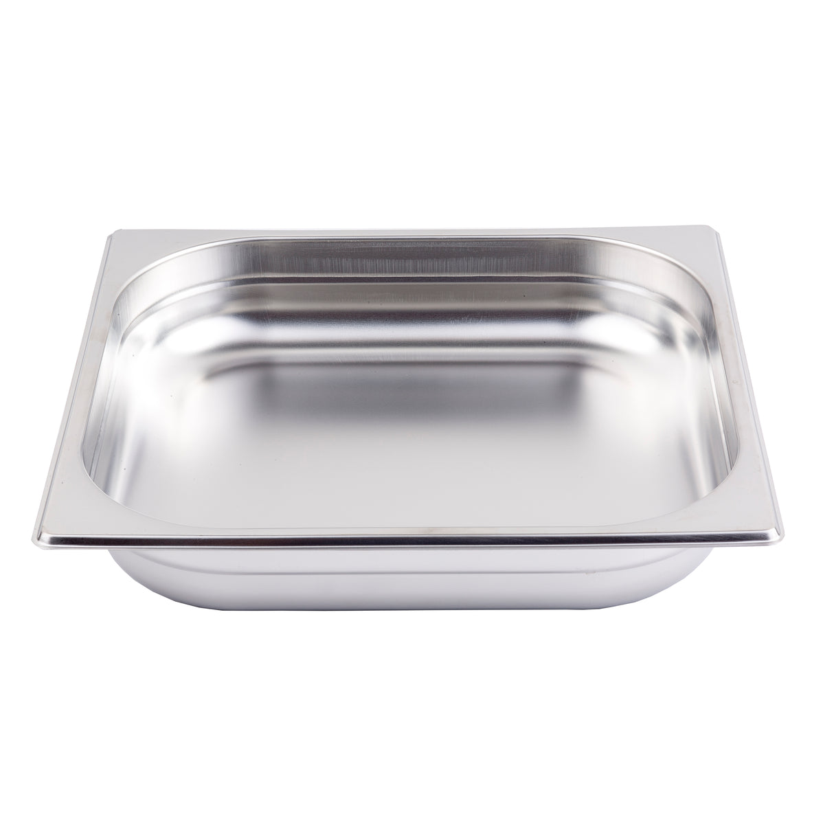 A rectangular 6 qt Chafing steam pan made of stainless steel with rounded corners and a flat, wide rim. Its smooth, shiny surfaces and shallow sides are dishwasher safe, and it sits empty against a plain white background.