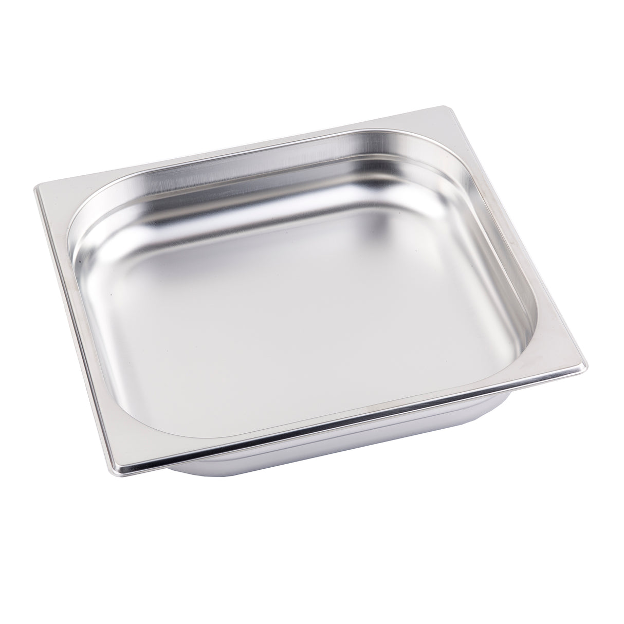 A rectangular stainless steel chafing steam pan with rounded corners and a smooth, shiny surface. This 6 qt pan has a flat rim, slightly tapered sides, and is dishwasher safe—perfect for storing or serving dishes in food service. The background is plain white.