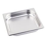 A rectangular stainless steel chafing steam pan with rounded corners and a smooth, shiny surface. This 6 qt pan has a flat rim, slightly tapered sides, and is dishwasher safe—perfect for storing or serving dishes in food service. The background is plain white.