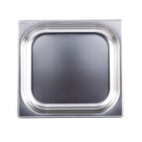 A top-down view of a shiny, empty 6 qt stainless steel chafing steam pan with rounded corners and a raised edge, set against a white background. The smooth, reflective surface is dishwasher safe and free of any markings or patterns.
