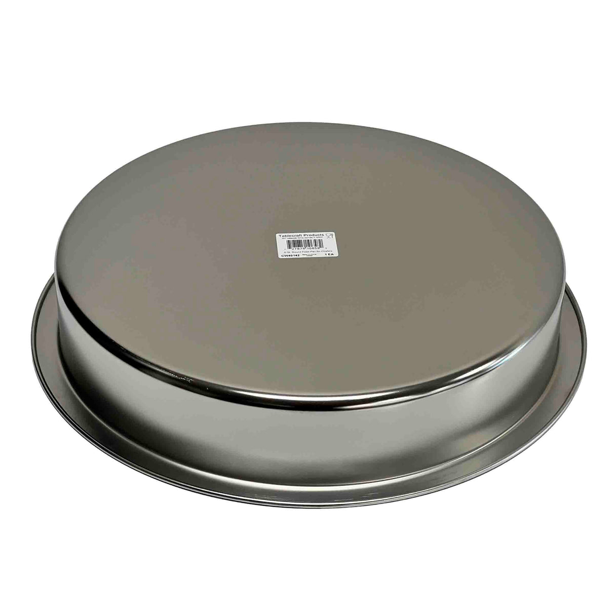 A round, silver metal Chafing Steam Pan from TableCraft is shown upside down. The smooth 6 qt surface features a small barcode sticker at the center, a slightly raised edge, and subtle reflections on a plain white background.