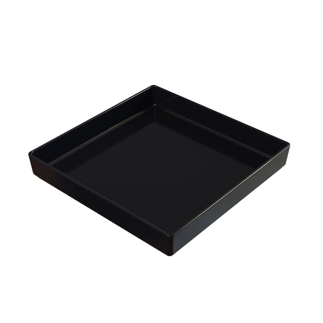 A plain, black, square tray with slightly raised edges. Made of Duracoat cast aluminum, it features a shiny, smooth surface. Photographed on a white background, the tray is both durable and dishwasher safe.