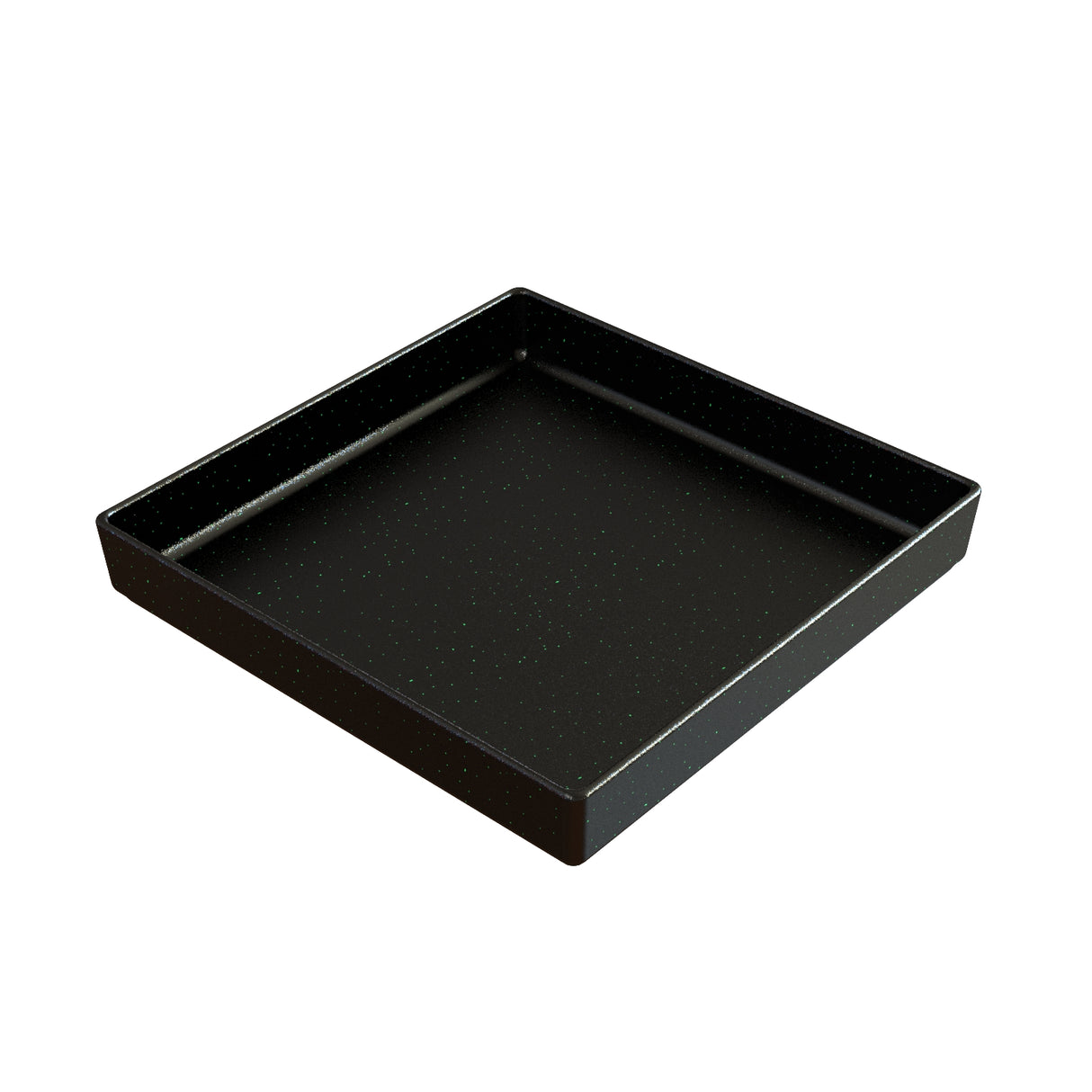 A square, shallow black tray with slightly raised edges and a smooth surface. Crafted from cast aluminum, this modern piece features a subtle speckled pattern and is set empty against a plain white background.