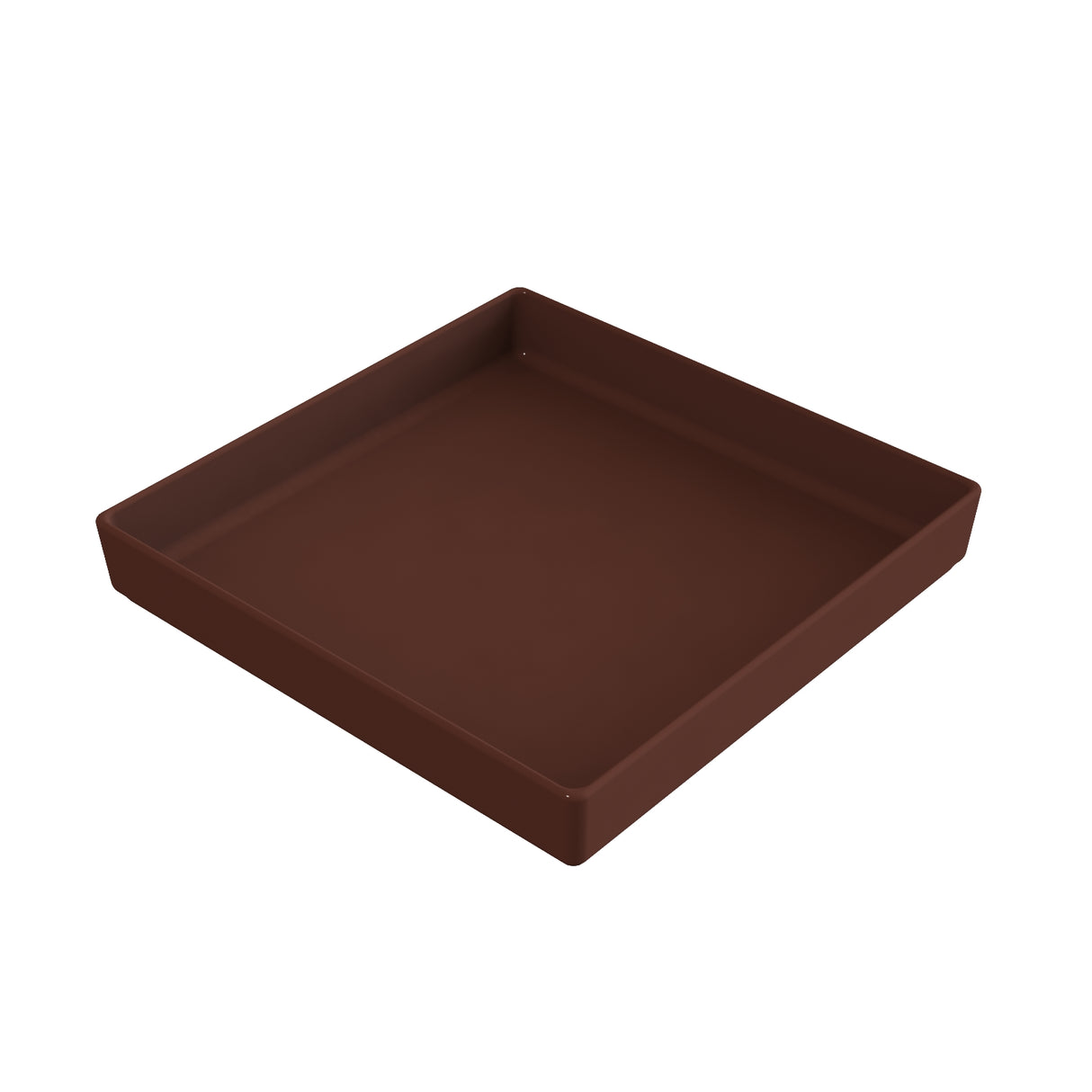 A simple, empty, square brown tray with raised edges. With a matte finish, this cast aluminum bowl-inspired tray is photographed against a white background, angled to highlight its depth and clean, minimalist design.