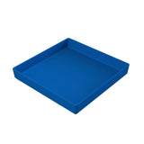 A solid blue, square plastic tray with slightly raised edges, ideal for cold holding, is viewed from an angle against a plain white background. The tray appears empty and has a smooth, shiny surface.