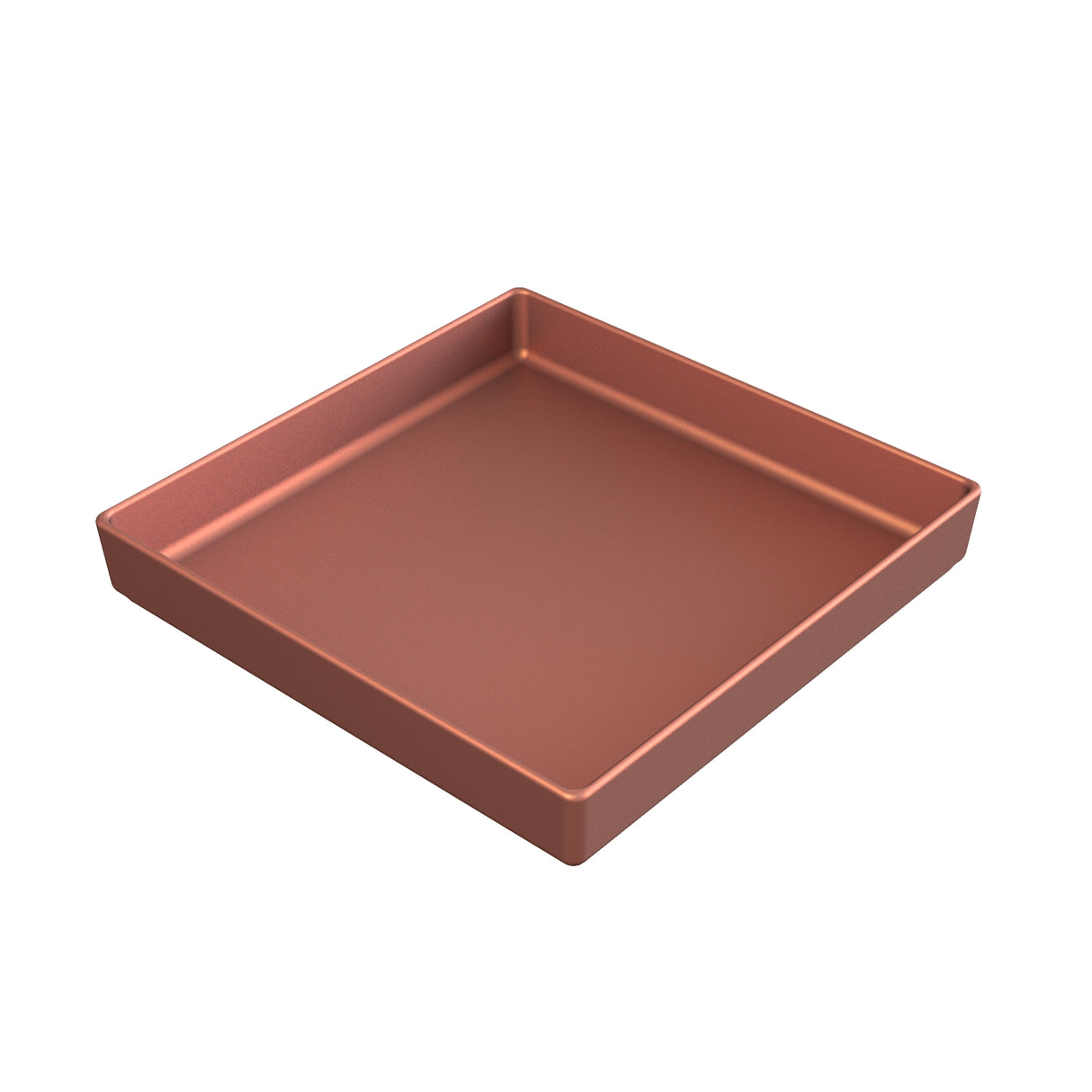 A metallic, square-shaped baking pan with tall sides, shown from an angle. The pan features a smooth, copper finish bowl look and clean, straight edges. Its interior is empty and evenly colored with a slightly glossy finish.