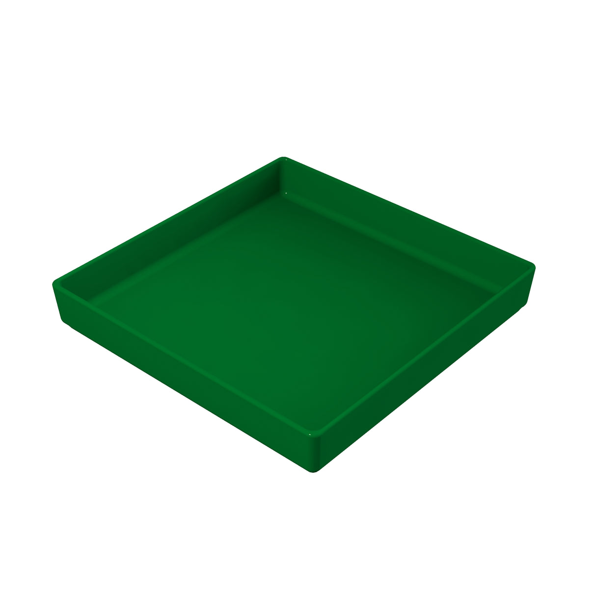 A green, square, plastic tray with raised edges is shown at an angle on a white background. The tray is empty and has smooth surfaces, making it suitable for holding a cold holding bowl or serving various items.