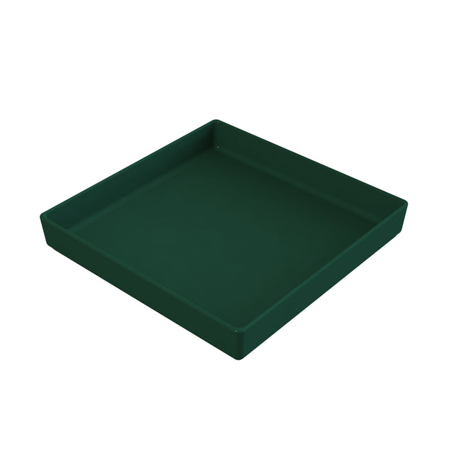 A dark green, square plastic tray with slightly raised edges, shown at an angle on a white background. The tray features simple, clean lines and a matte finish—ideal for pairing with a cold holding bowl for chilled foods.