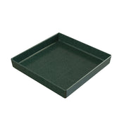 A dark green, square tray made from Duracoat coated cast aluminum, with short, straight sides and a smooth, slightly speckled surface. The tray is empty and set against a white background, viewed from an angled perspective showing depth and structure.