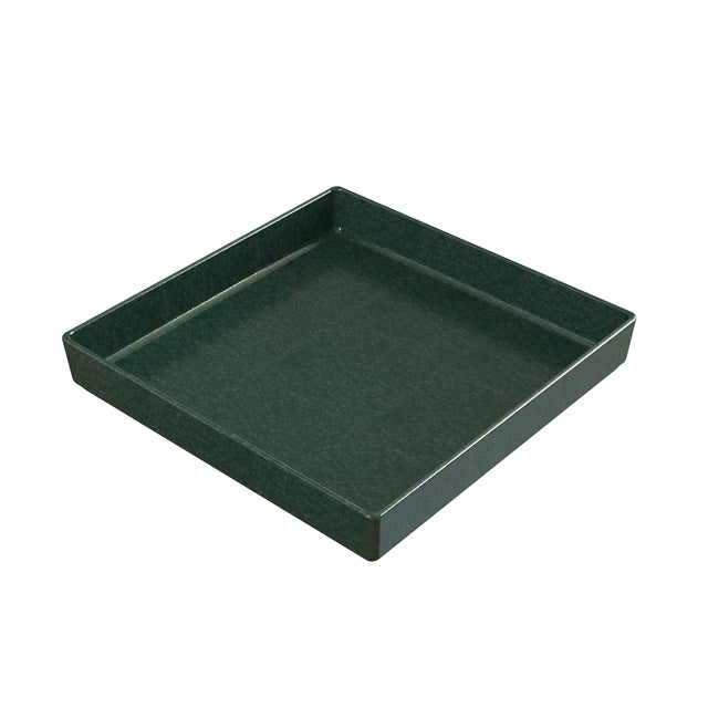 A dark green, square tray made from Duracoat coated cast aluminum, with short, straight sides and a smooth, slightly speckled surface. The tray is empty and set against a white background, viewed from an angled perspective showing depth and structure.