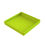 A bright lime-green, square-shaped plastic tray with shallow sides and smooth edges sits on a white background. Featuring a glossy, dishwasher safe finish, the empty tray is clean and viewed at an angle from above.