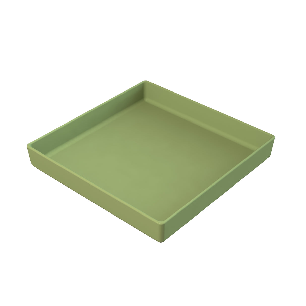 A square, shallow tray in muted, matte olive green made from Duracoat coated cast aluminum. The tray has slightly raised edges and a smooth surface with simple, clean lines. Dishwasher safe and viewed from an angle showing depth and the inside surface.