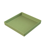 A square, shallow tray in muted, matte olive green made from Duracoat coated cast aluminum. The tray has slightly raised edges and a smooth surface with simple, clean lines. Dishwasher safe and viewed from an angle showing depth and the inside surface.