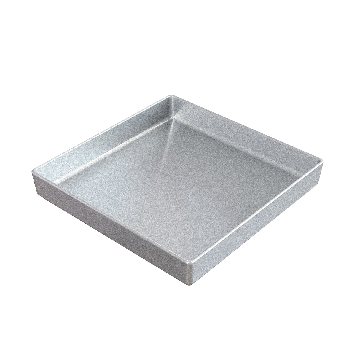 A square, metallic baking pan with straight sides and a smooth, shiny surface is shown on a white background. Crafted similarly to a sand cast aluminum bowl, it features a flat base and rounded edges, ideal for baking cakes or brownies.