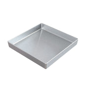 A square, metallic baking pan with straight sides and a smooth, shiny surface is shown on a white background. Crafted similarly to a sand cast aluminum bowl, it features a flat base and rounded edges, ideal for baking cakes or brownies.