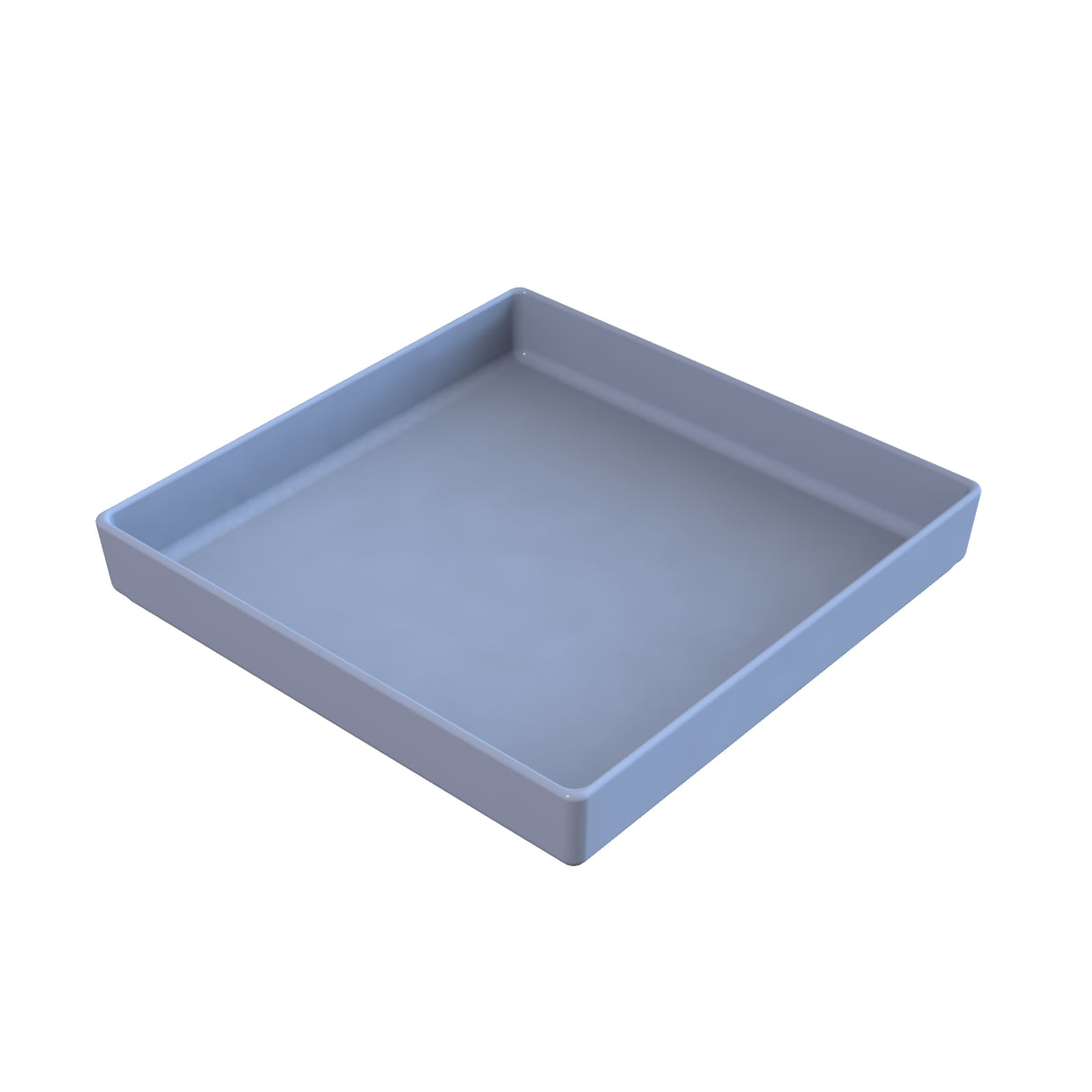 A blue square cold holding bowl, Duracoat coated cast aluminum, sits on a white background and is dishwasher safe.