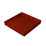 A square, shallow Duracoat coated cast aluminum bowl with raised edges, featuring a glossy solid deep red finish. Positioned against a plain white background, the tray is empty and angled to reveal its depth and open interior.