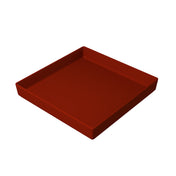 A square, shallow Duracoat coated cast aluminum bowl with raised edges, featuring a glossy solid deep red finish. Positioned against a plain white background, the tray is empty and angled to reveal its depth and open interior.
