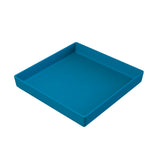 A blue, square plastic tray with slightly raised edges is shown from an angled top-down view against a plain white background. The tray has smooth surfaces, is dishwasher safe, and features no visible handles or decorations.