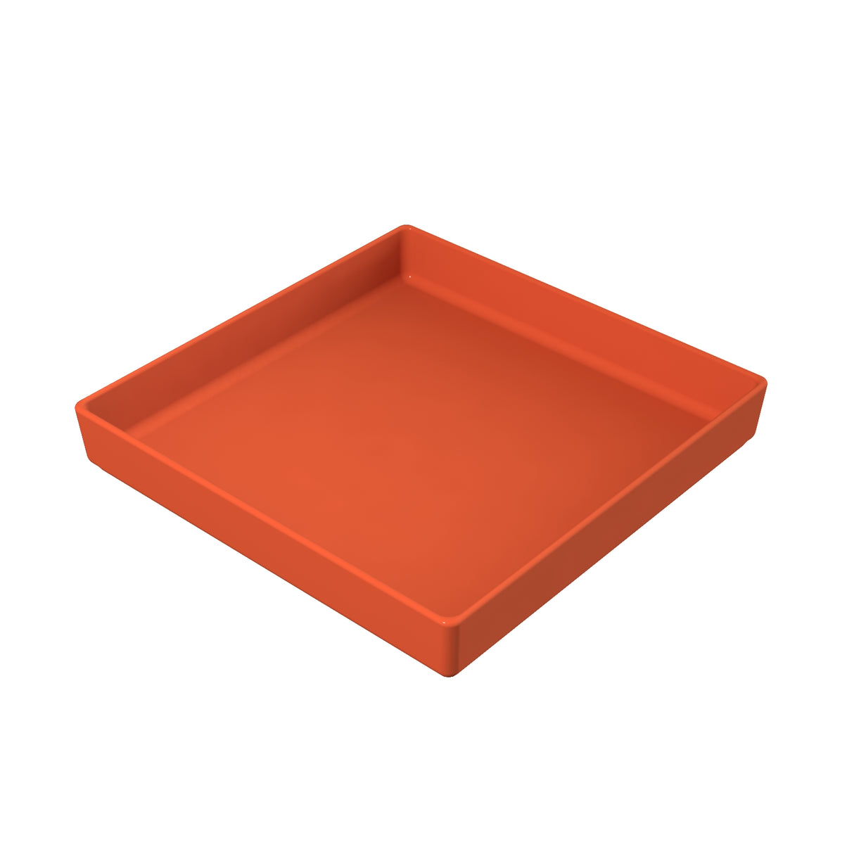 A square, shallow, orange tray made from Duracoat coated cast aluminum with slightly raised edges. The smooth surface highlights its depth and clean, modern design. Shown on a plain white background.