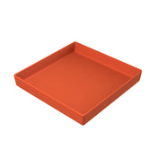 A square, shallow, orange tray made from Duracoat coated cast aluminum with slightly raised edges. The smooth surface highlights its depth and clean, modern design. Shown on a plain white background.