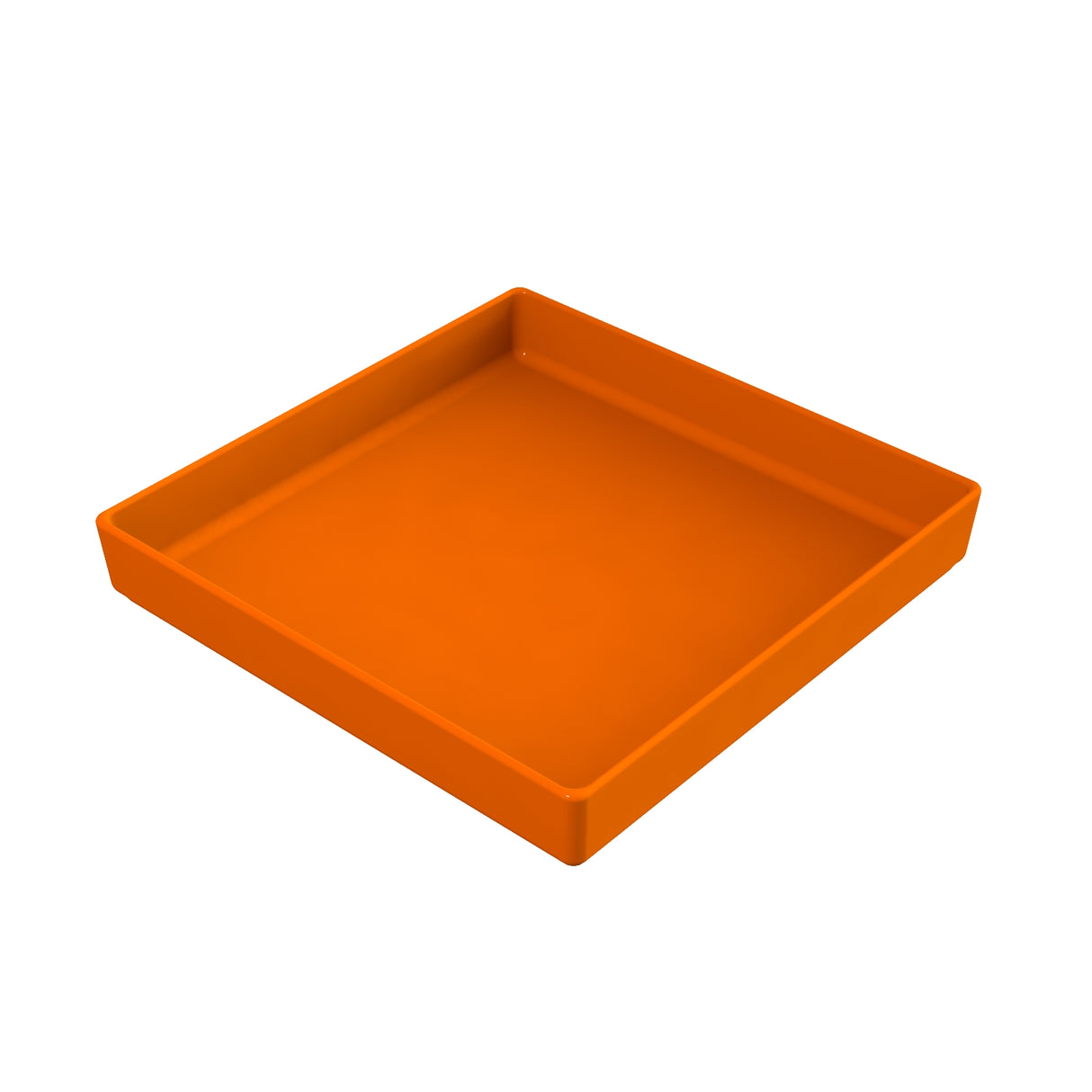 A square, shallow tray made of smooth orange plastic, shown on a white background. The tray has raised edges and a flat base, similar in function to a dishwasher safe bowl, and appears clean and unused.