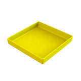 A yellow, square plastic tray with slightly raised edges is shown on a white background. The dishwasher safe tray is empty and viewed from an angle, highlighting its smooth surface and clean, simple design.