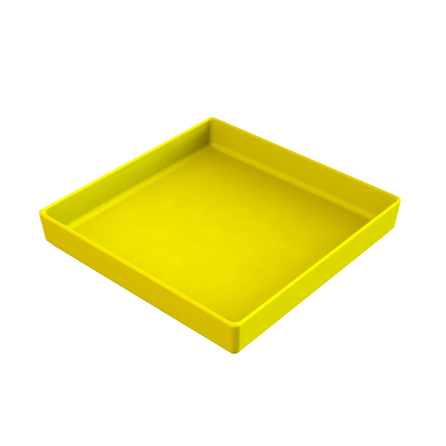 A yellow, square plastic tray with slightly raised edges is shown on a white background. The dishwasher safe tray is empty and viewed from an angle, highlighting its smooth surface and clean, simple design.