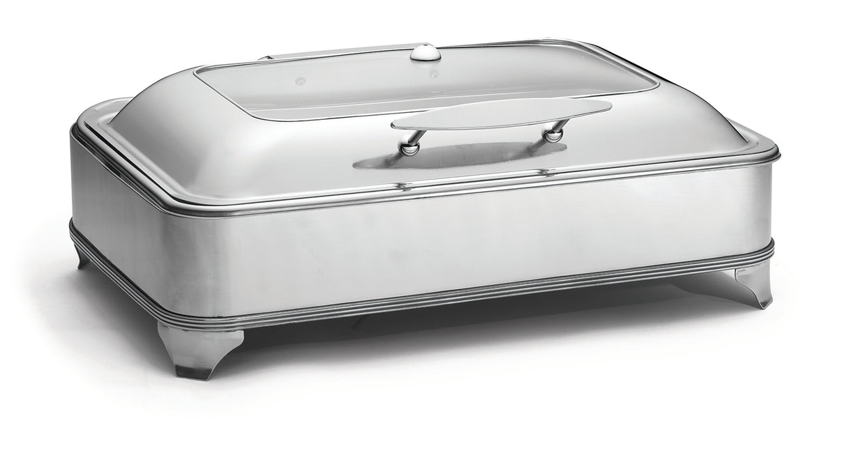 A rectangular stainless steel chafer with a fitted lid and large handle on top, resting on four short legs. This sleek, modern 9 quart chafer keeps food warm and stylishly presented during serving.