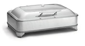 A rectangular stainless steel chafer with a fitted lid and large handle on top, resting on four short legs. This sleek, modern 9 quart chafer keeps food warm and stylishly presented during serving.