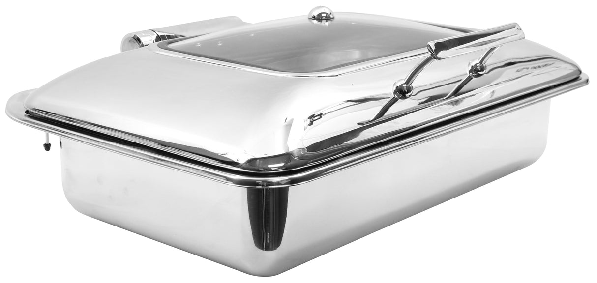 A shiny 9 Quart Chafer with a clear glass window on its domed lid, two side handles, and a rectangular shape, designed to keep food warm at buffets or events. The stainless steel chafer lid has a handle for easy lifting.