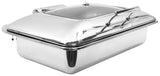 A shiny 9 Quart Chafer with a clear glass window on its domed lid, two side handles, and a rectangular shape, designed to keep food warm at buffets or events. The stainless steel chafer lid has a handle for easy lifting.