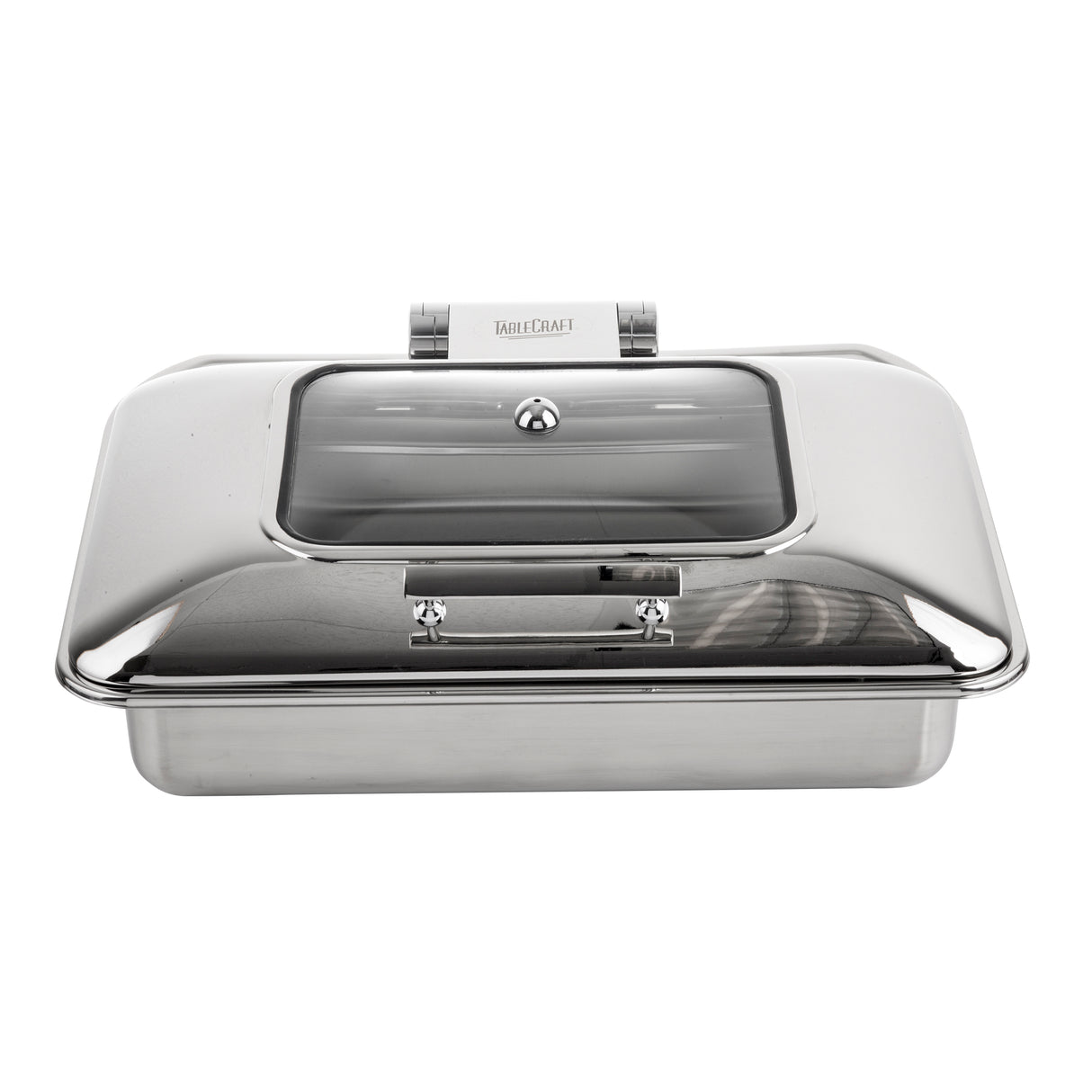 A rectangular 9 qt stainless steel chafer with a shiny lid and clear window on top. The lid features a small round handle and LBCraft branding, while the induction chafer dish below is deep, reflective, and perfect for serving food at buffets or events.