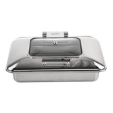A rectangular 9 qt stainless steel chafer with a shiny lid and clear window on top. The lid features a small round handle and LBCraft branding, while the induction chafer dish below is deep, reflective, and perfect for serving food at buffets or events.