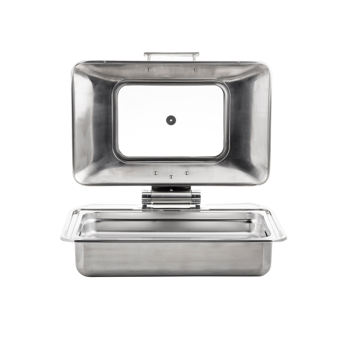 A rectangular 9 Quart Stainless Steel Chafer with a hinged, open lid is shown on a white background. The smooth, shiny surface is perfect for serving hot food at buffets or events.