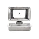 A rectangular 9 Quart Stainless Steel Chafer with a hinged, open lid is shown on a white background. The smooth, shiny surface is perfect for serving hot food at buffets or events.