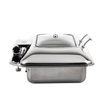 A shiny 9 Quart Stainless Steel Chafer with a glass-lidded cover and handle, designed for keeping food warm. Its sleek, reflective surface and fuel holder showcase a modern touch against a white background.