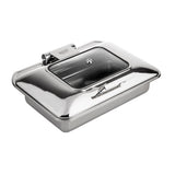 A shiny Stainless Steel Chafer with a roll-top lid, shown slightly open. The 9 Quart Chafer features a handle and visible brand logo, with smooth, reflective surfaces—perfect for serving hot food at buffets or events.