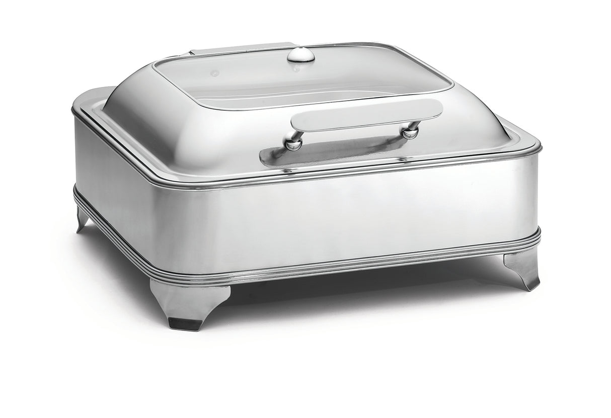 A shiny, rectangular 6 qt. Stainless Steel Chafer with a domed lid and handle, resting on four short legs. Its smooth, reflective surface is perfect for serving hot food at buffets or catered events.