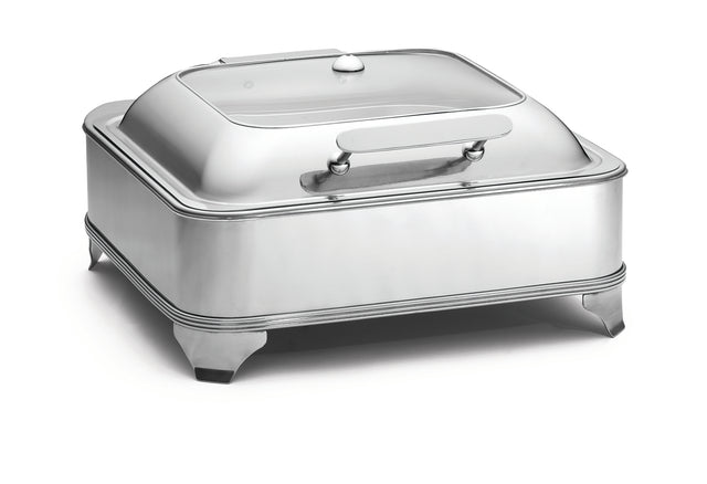 A shiny, rectangular 6 qt. Stainless Steel Chafer with a domed lid and handle, resting on four short legs. Its smooth, reflective surface is perfect for serving hot food at buffets or catered events.