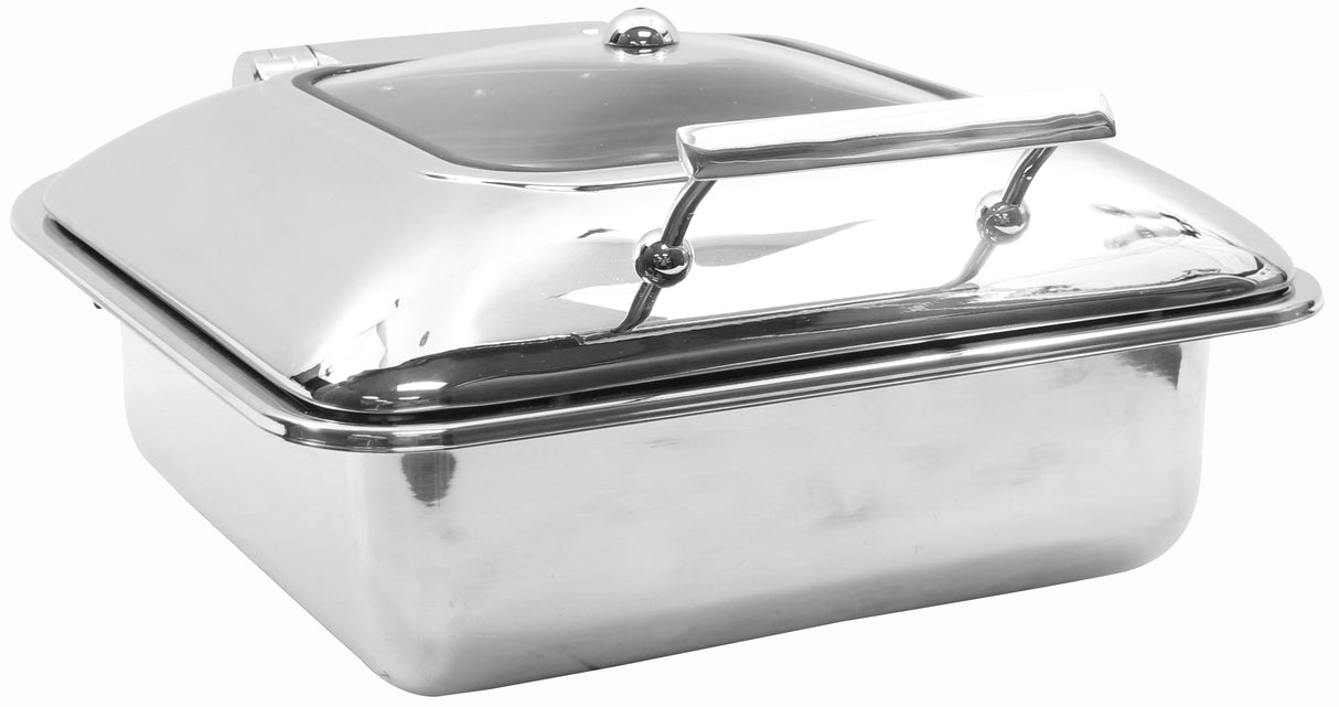 A shiny, rectangular stainless steel chafer with a domed lid and large handle on top. The lid has a clear window and small knob. This induction chafer dish is clean, reflective, and set against a plain white background.