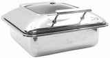 A shiny, rectangular stainless steel chafer with a domed lid and large handle on top. The lid has a clear window and small knob. This induction chafer dish is clean, reflective, and set against a plain white background.