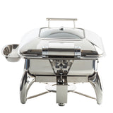 A sleek 6 quart chafing dish featuring a silver rectangular container with a glass lid—perfect as a stainless steel chafer for stylish food presentation.