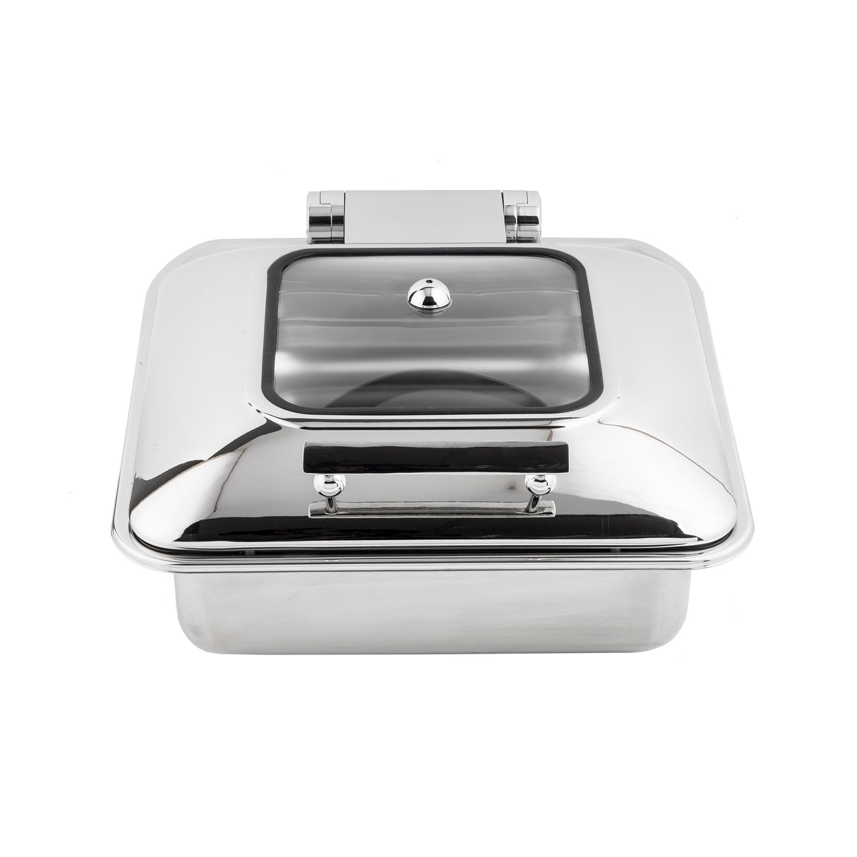 A square, stainless steel chafer with a shiny, reflective finish. The hinged glass window lid features a metal handle on top. This induction chafer dish is photographed against a white background.