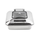 A square, stainless steel chafer with a shiny, reflective finish. The hinged glass window lid features a metal handle on top. This induction chafer dish is photographed against a white background.