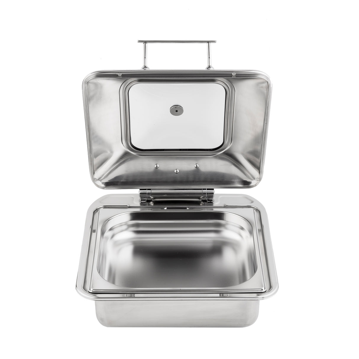A stainless steel chafer with its lid open displays a deep, shiny rectangular pan inside. The hinged lid has a top handle, and the clean, reflective interior and exterior highlight its dishwasher safe design. The background is white.