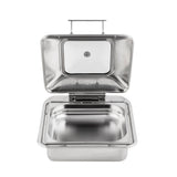 A stainless steel chafer with its lid open displays a deep, shiny rectangular pan inside. The hinged lid has a top handle, and the clean, reflective interior and exterior highlight its dishwasher safe design. The background is white.